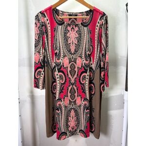 Alfani Woman Pink Brown Paisley Medallion 3/4 Sleeve Shift Dress Plus Size